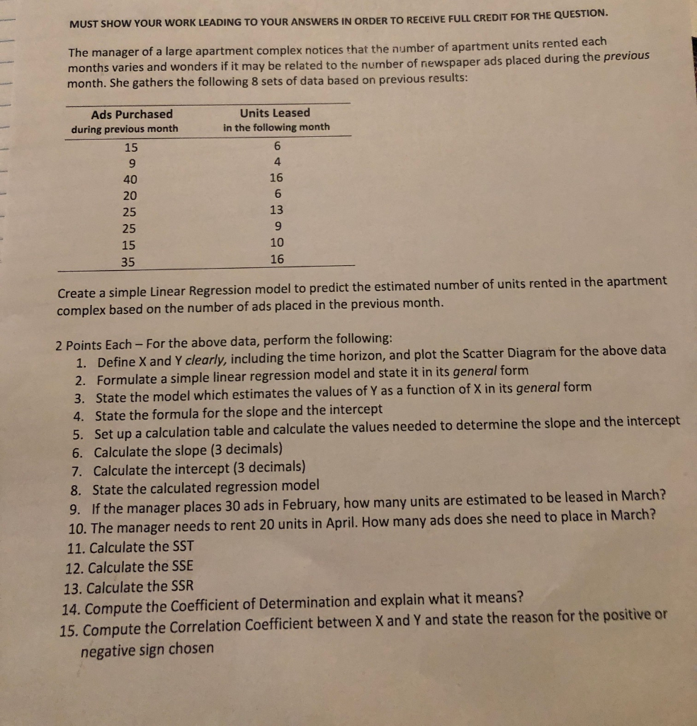 Solved MUST SHOW YOUR WORK LEADING TO YOUR ANSWERS IN ORDER | Chegg.com