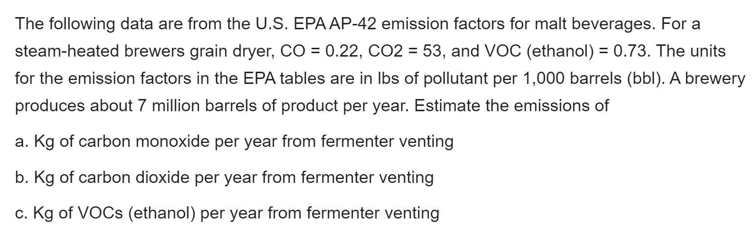 Solved The following data are from the U.S. EPA AP-42 | Chegg.com