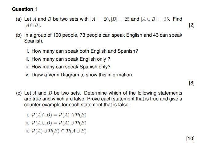 Solved (a) Let A And B Be Two Sets With ∣A∣=20,∣B∣=25 And | Chegg.com