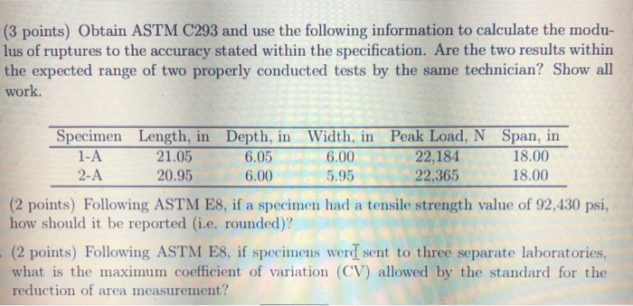 Solved (3 points) Obtain ASTM C293 and use the following | Chegg.com