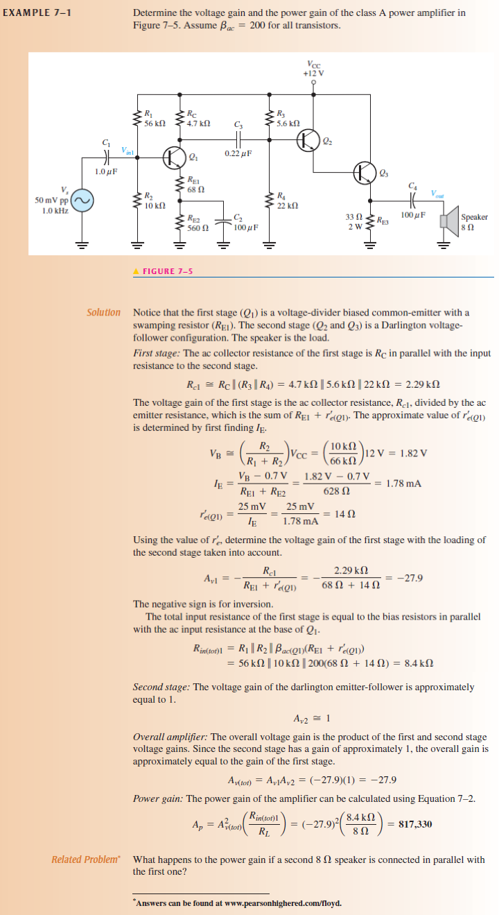Solved EXAMPLE 71 Determine the voltage gain and the power