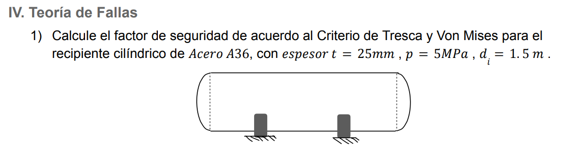 IV. Teoría de Fallas 1) Calcule el factor de seguridad de acuerdo al Criterio de Tresca y Von Mises para el recipiente cilínd