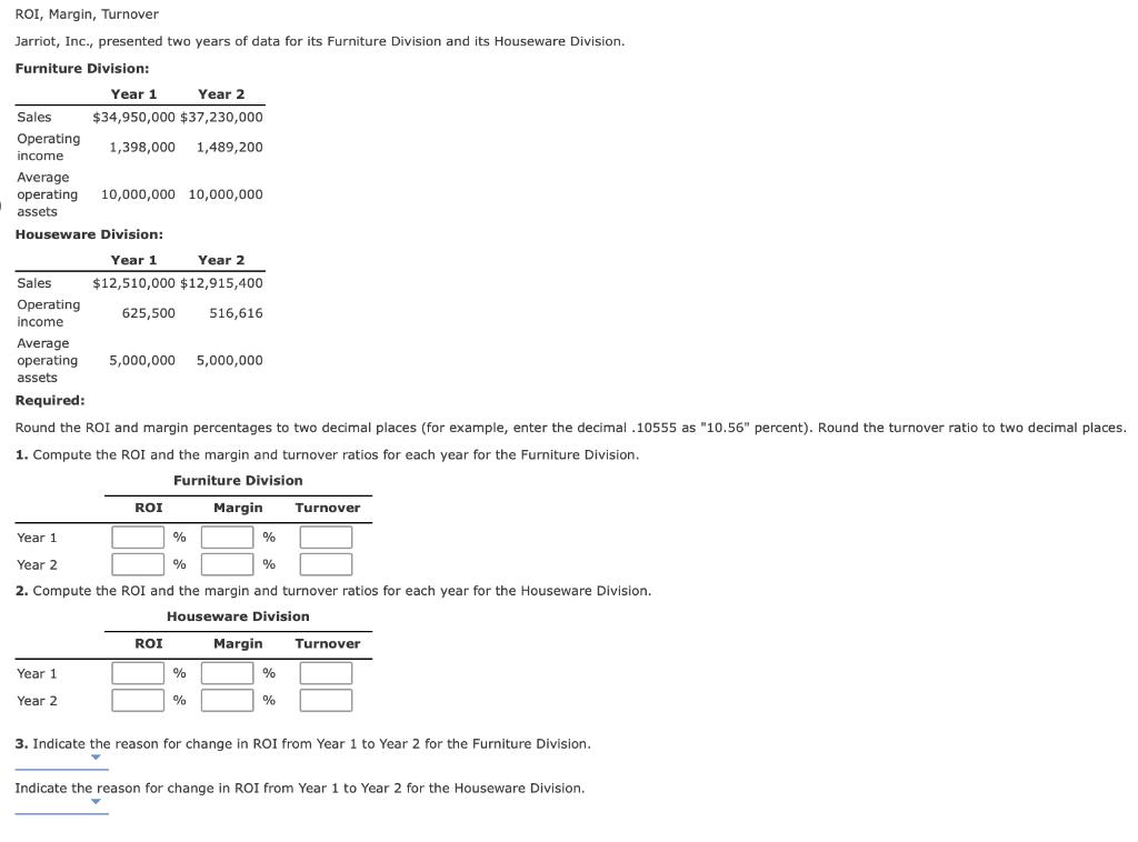 Solved ROI, Margin, Turnover Jarriot, Inc., presented two