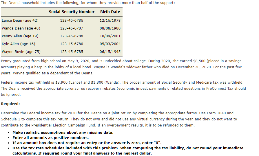 Note: This Problem Is For The 2020 Tax Year. Lance H. | Chegg.com