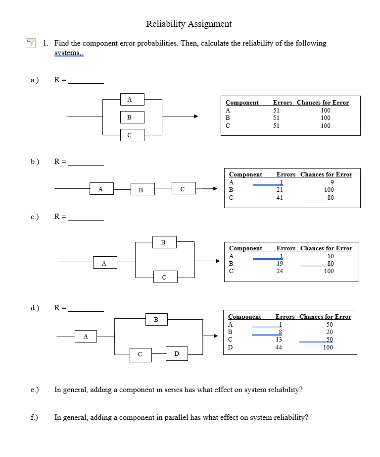 Solved Reliability Assignment 1. Find the component error