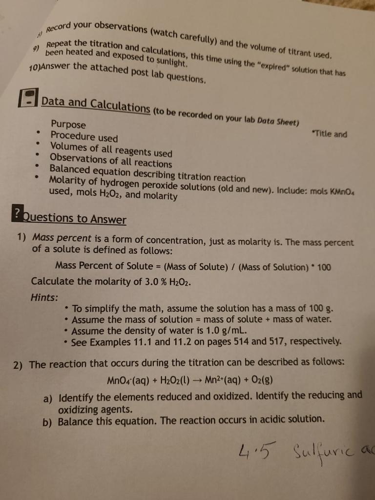 LAB 10) DETERMINATION OF HYDROGEN PEROXIDE