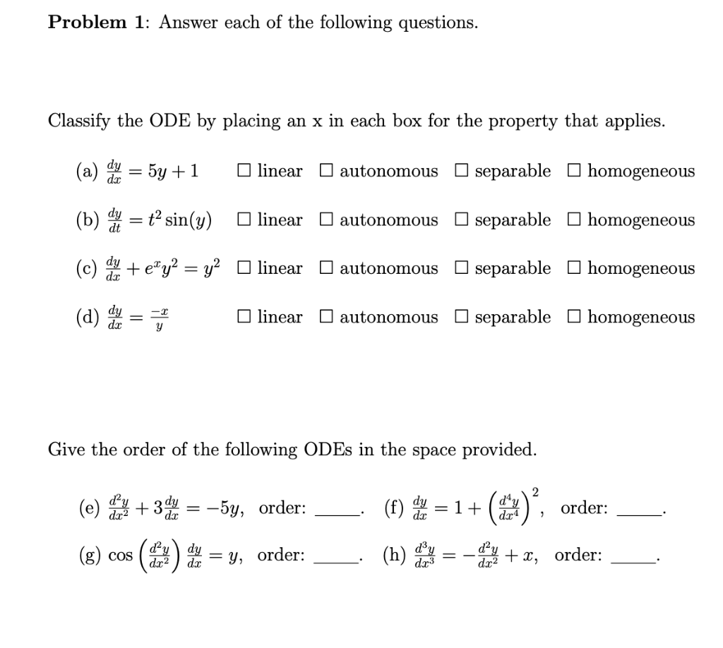 Solved Problem 1: Answer each of the following questions. | Chegg.com
