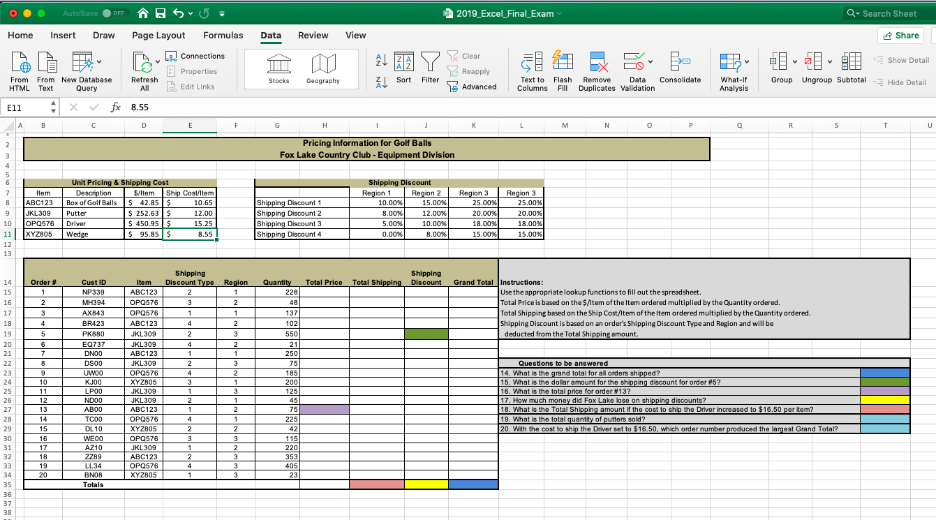 2019_Excel_Final_Exam QuSearch Sheet o. Home AutoSave | Chegg.com