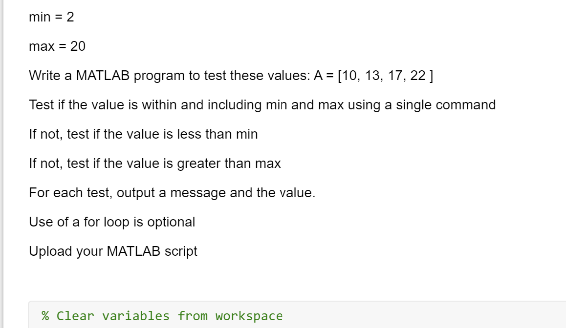 Solved min = 2 max = 20 Write a MATLAB program to test these | Chegg.com