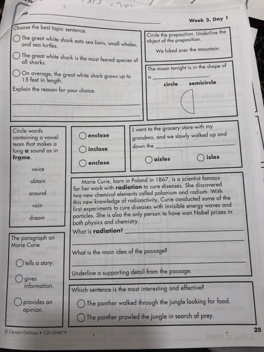 (Solved) : Week 3 Day Choose Best Topic Sentence Circle Preposition