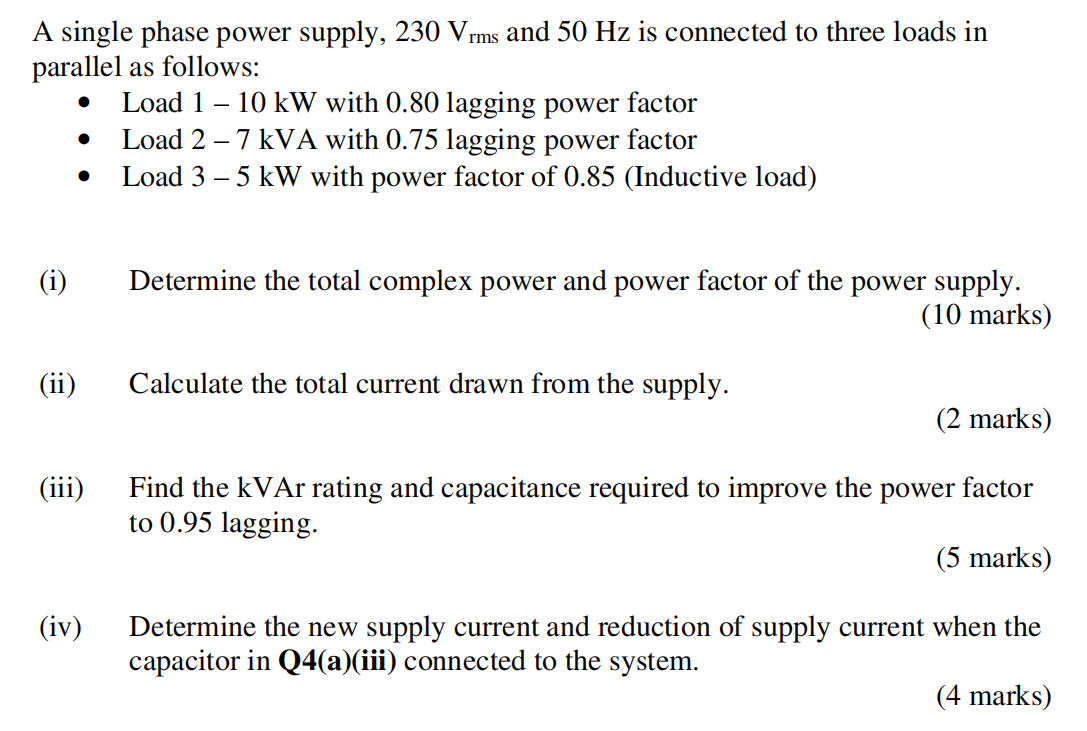 Solved A single phase power supply, 230 Vrms and 50 Hz is | Chegg.com