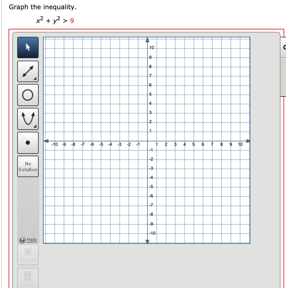 Solved Graph the inequality. x2 + y2 > 9 10 C 9 8 7 6 O 5 4 | Chegg.com
