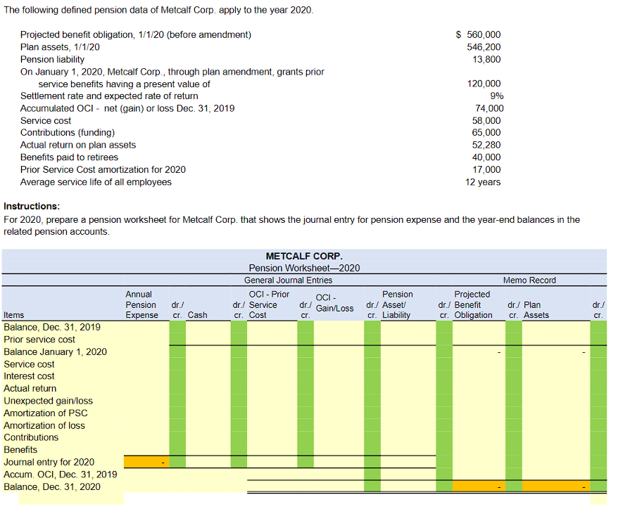 Solved Instructions: For 2020, Prepare A Pension Worksheet | Chegg.com