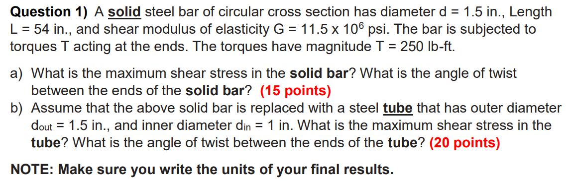 Solved A solid steel bar of circular cross section has | Chegg.com