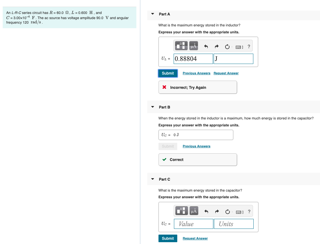 Solved Part A An L R C Series Circuit Has R 60 0 L Chegg Com