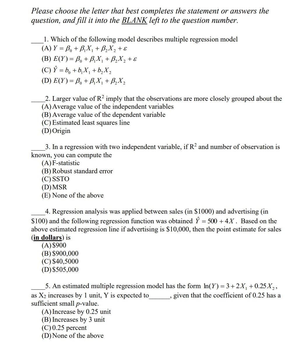 Solved Please Choose The Letter That Best Completes The S Chegg Com