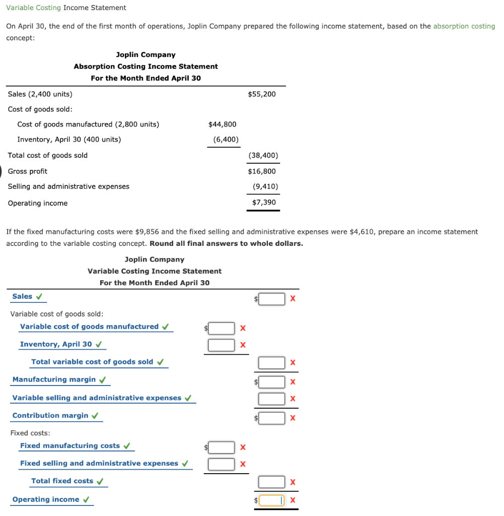 Solved Variable Costing Income Statement On April 30 The 9204