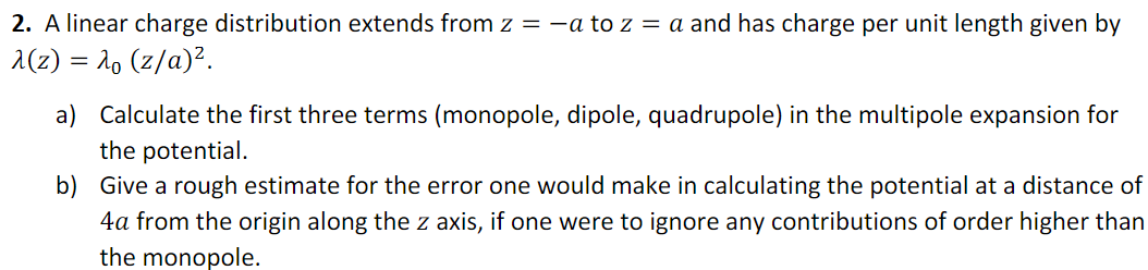 Solved 2. A linear charge distribution extends from z = -a | Chegg.com