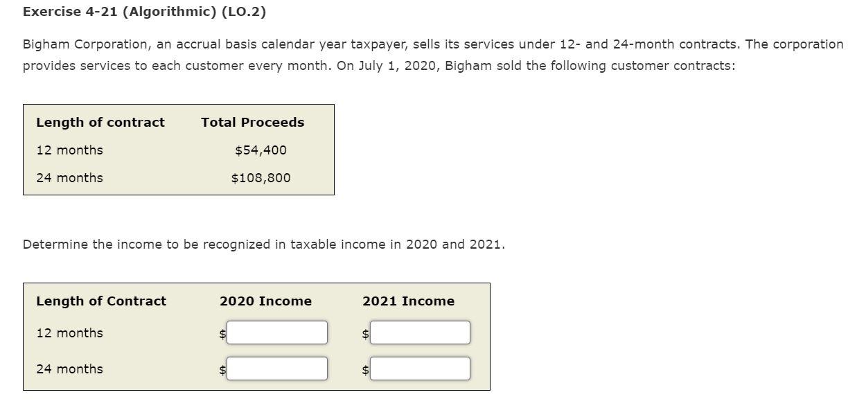 Solved Exercise 4-21 (Algorithmic) (LO.2) Bigham | Chegg.com