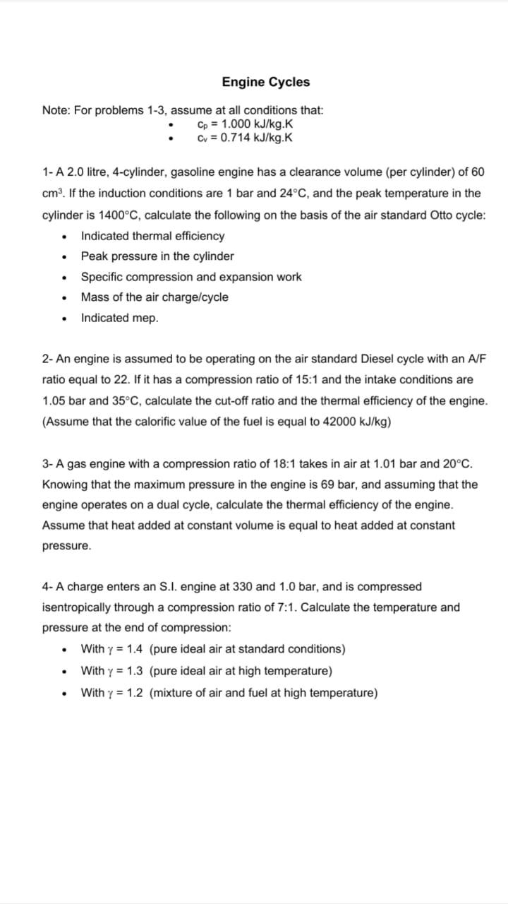Solved Engine Cycles Note: For problems 1-3, assume at all | Chegg.com