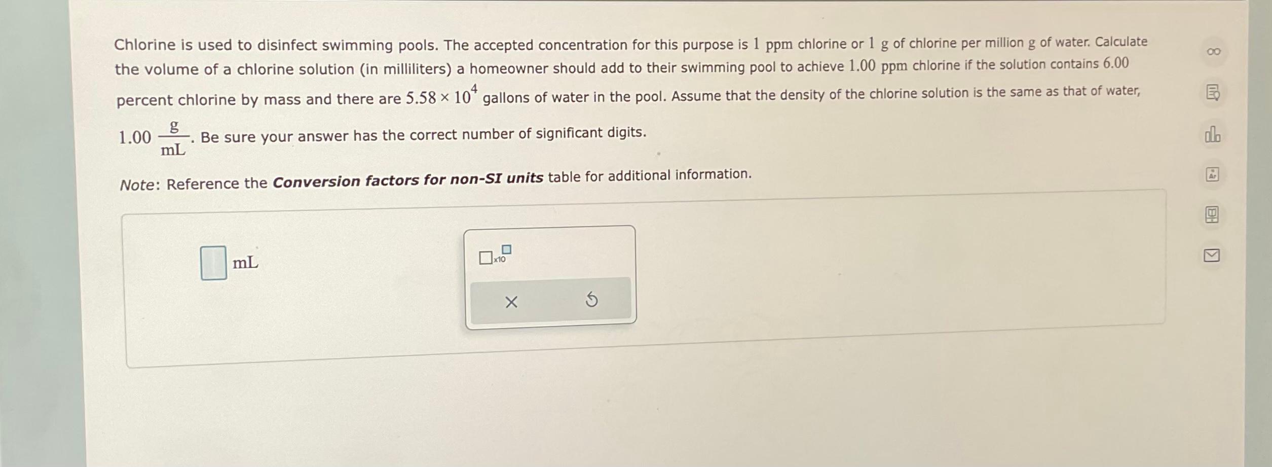 Solved Chlorine is used to disinfect swimming pools. The