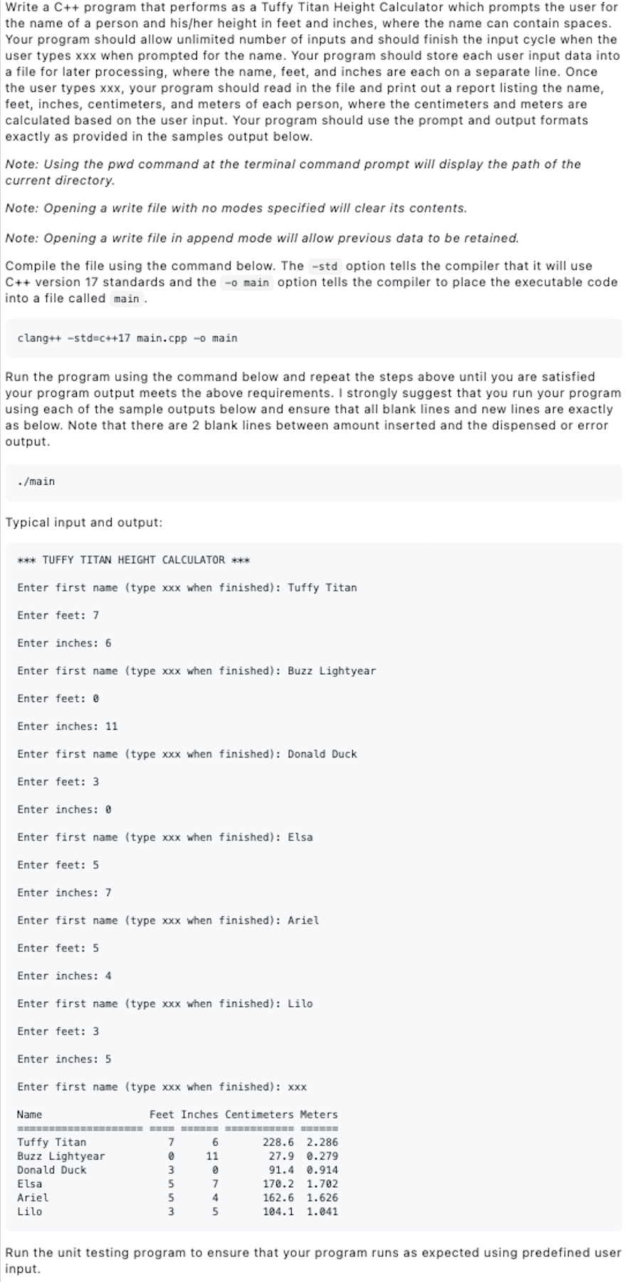 Solved Write a C++ program that performs as a Tuffy Titan | Chegg.com