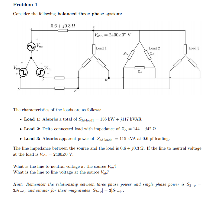 Solved Problem 1 Consider the following balanced three phase | Chegg.com