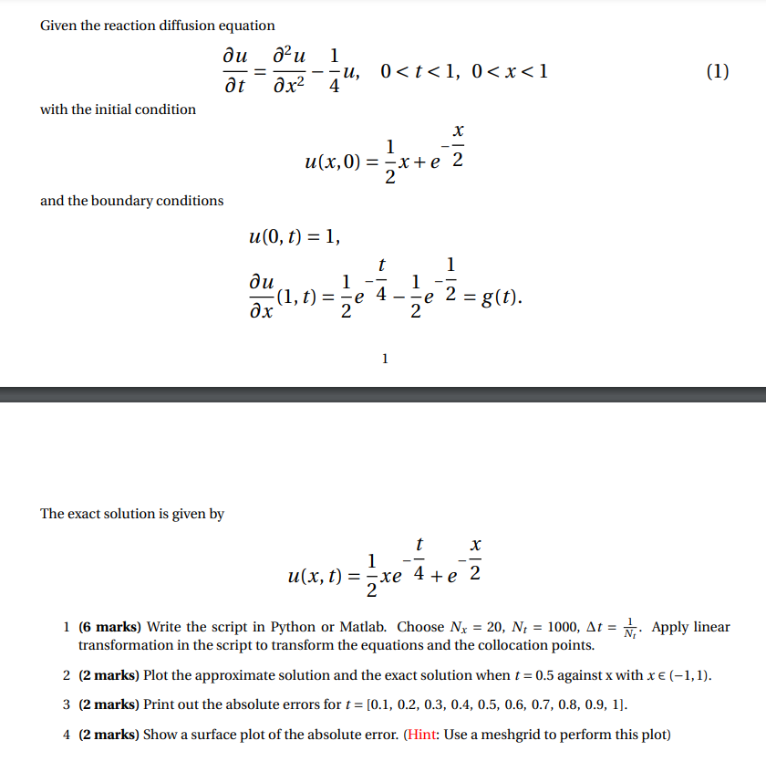 Given The Reaction Diffusion Equation | Chegg.com