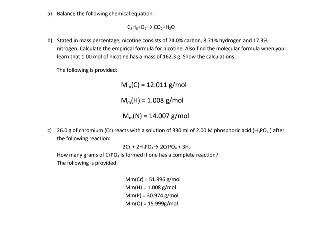 Solved A) Balance The Following Chemical Equation: 