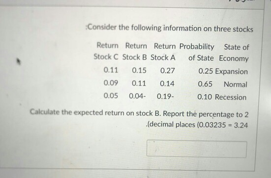 Solved Consider the following information on three stocks | Chegg.com