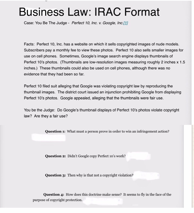 Solved Business Law: IRAC Format Case: You Be The Judge- | Chegg.com