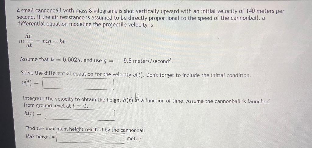 Solved A small cannonball with mass 8 kilograms is 'shot | Chegg.com