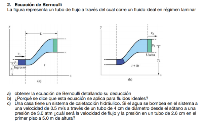 2. Ecuación de Bernoulli La figura representa un tubo de flujo a través del cual corre un fluido ideal en régimen laminar a)