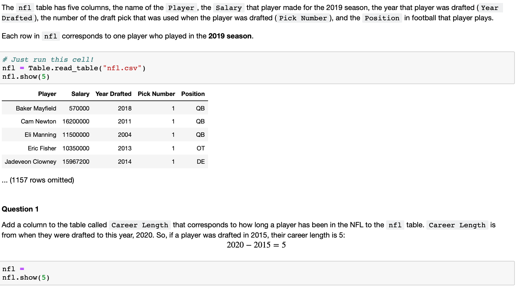 Solved The nfl table has five columns, the name of the