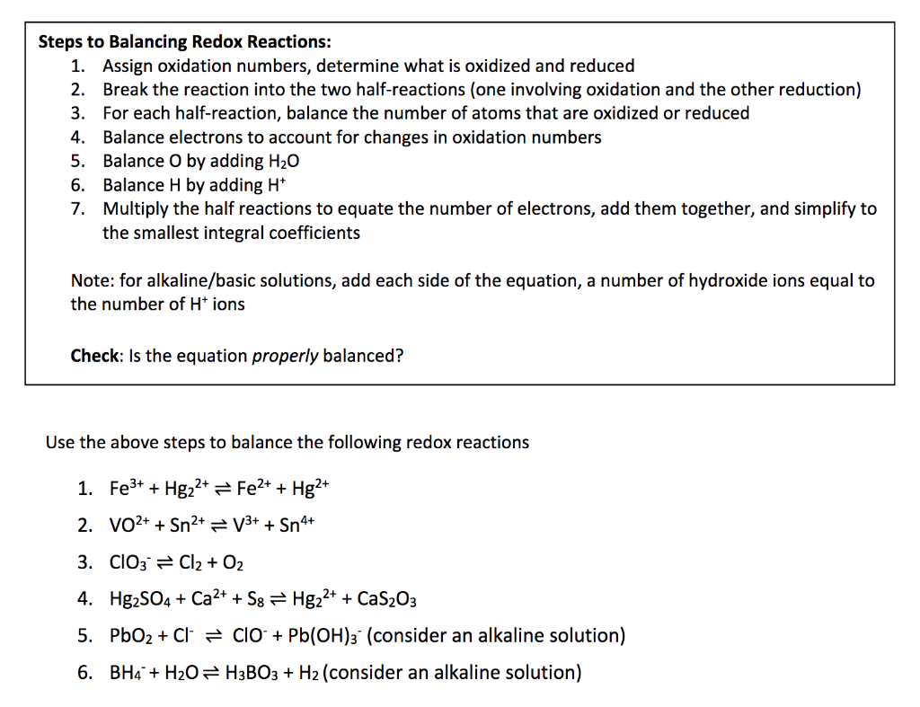 Steps To Balancing Redox Reactions 1 Assign Chegg