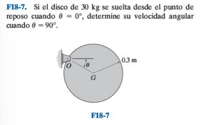 F18-7. Si el disco de \( 30 \mathrm{~kg} \) se suelta desde el punto de reposo cuando \( \theta=0^{\circ} \), determine su ve