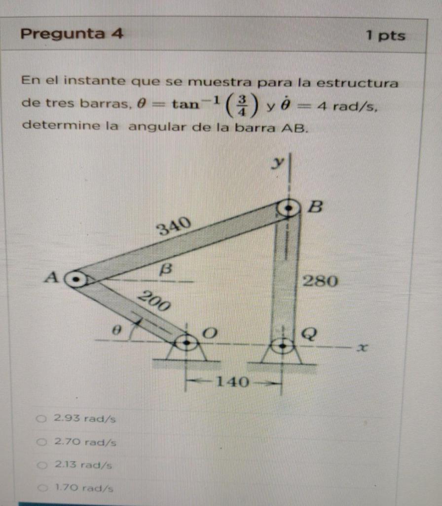 En el instante que se muestra para la estructura de tres barras, \( \theta=\tan ^{-1}\left(\frac{3}{4}\right) \) y \( \dot{\t