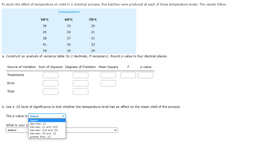Solved To study the effect of temperature on yield in a