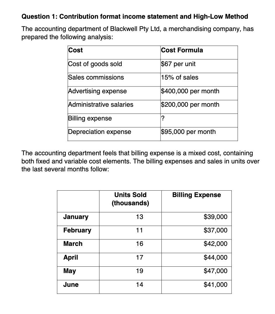 Solved Question 1: Contribution format income statement and | Chegg.com