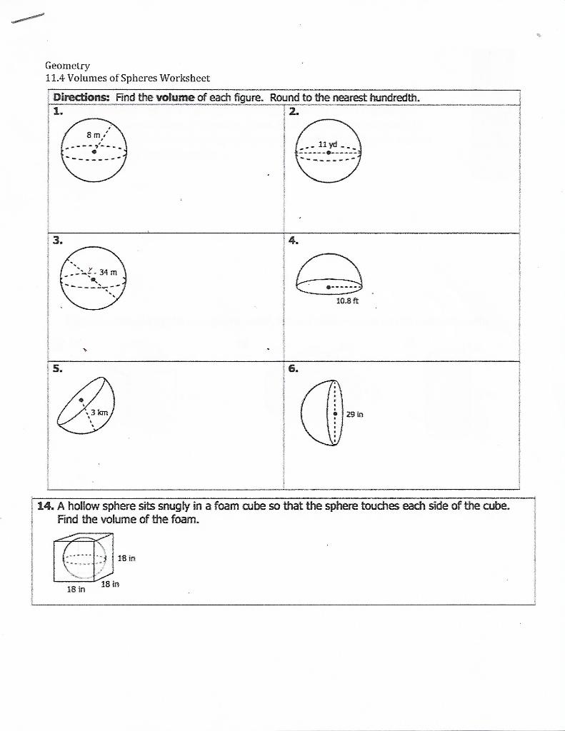 Solved Geometry 20.20 Volumes of Spheres Worksheet  Chegg.com Intended For Volume Of Sphere Worksheet