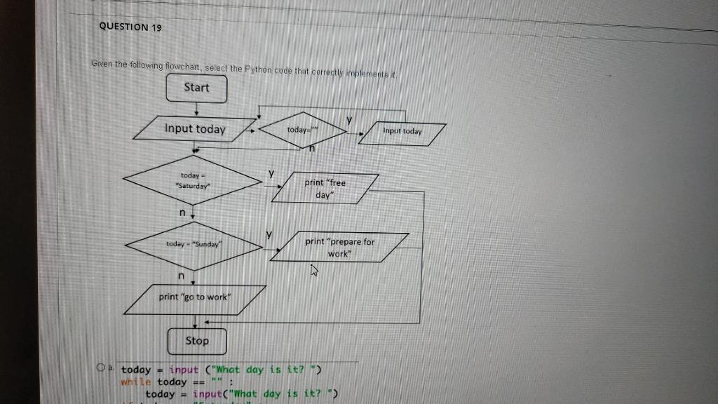 Solved QUESTION 19 Given the following flowchart, select the | Chegg.com