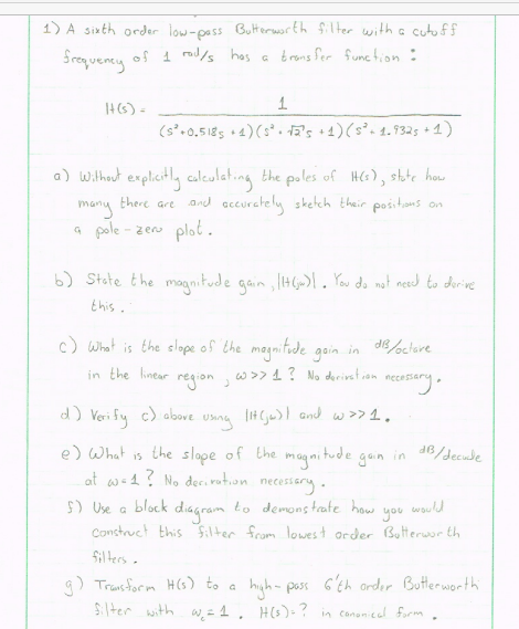 1 A Sixth Order Low Pass Butterworth Filter With Chegg Com