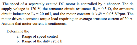 Solved The speed of a separately excited DC motor is | Chegg.com
