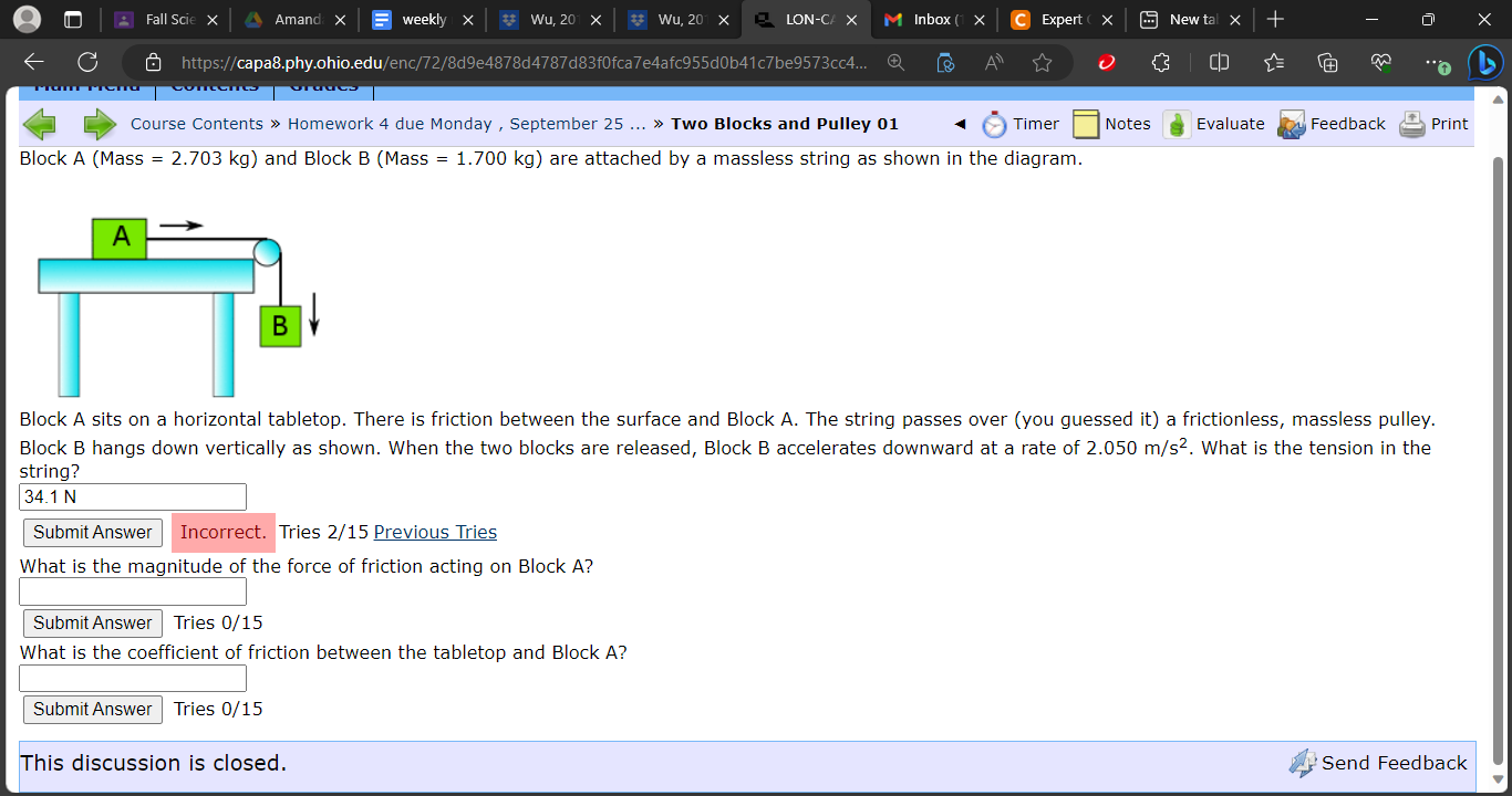 Solved Block A (Mass =2.703 Kg ) And Block B (Mass =1.700 Kg | Chegg.com