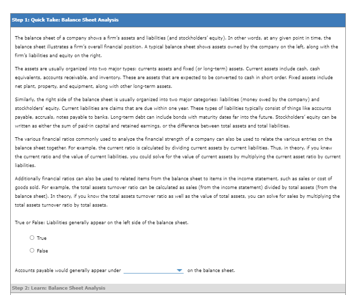 Solved Step 1 Quick Take Balance Sheet Analysis The 