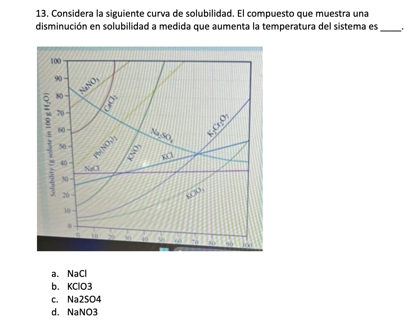 13. Considera la siguiente curva de solubilidad. El compuesto que muestra una disminución en solubilidad a medida que aumenta