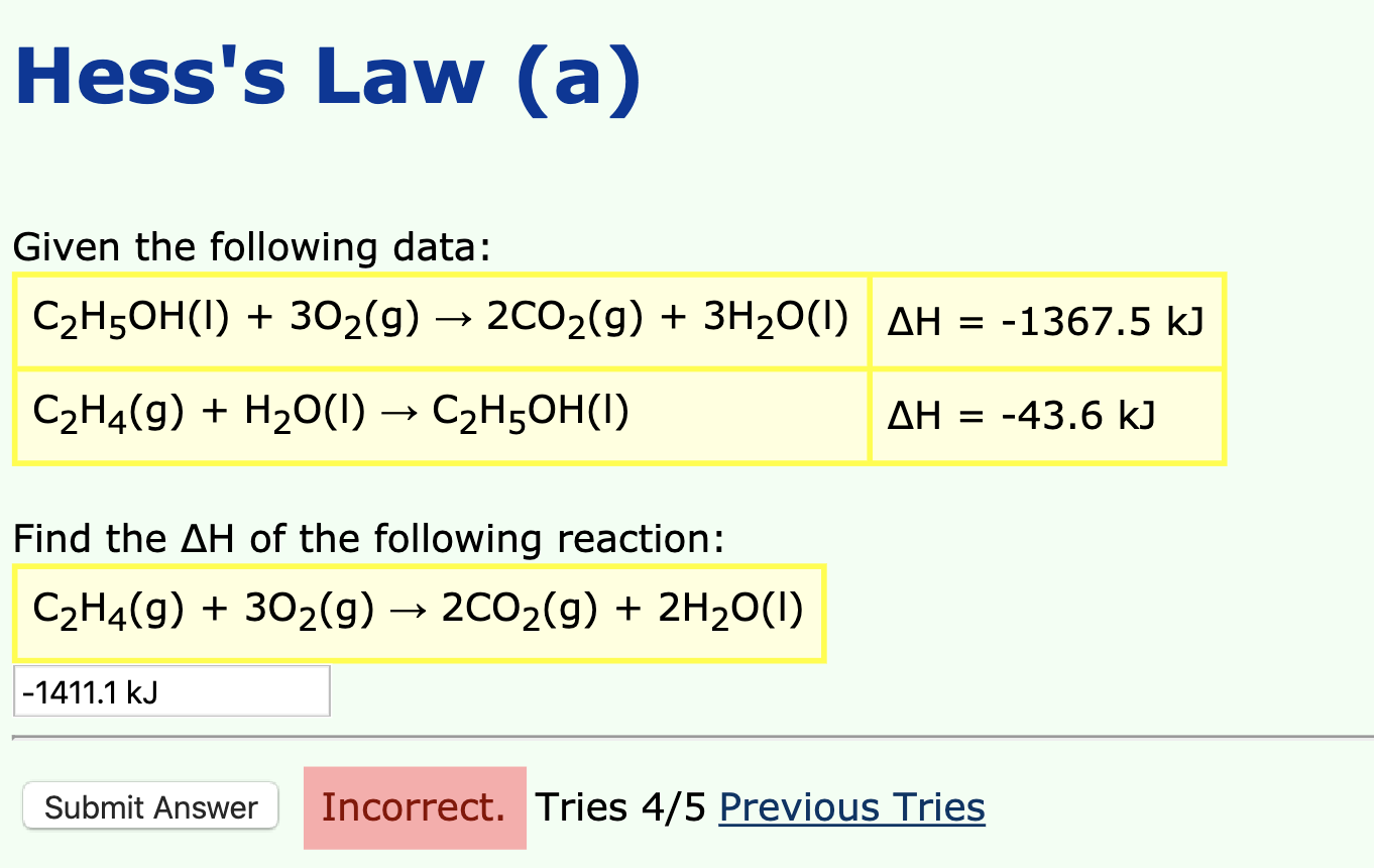 Solved Hess s Law a Given the following data C2H5OH 1