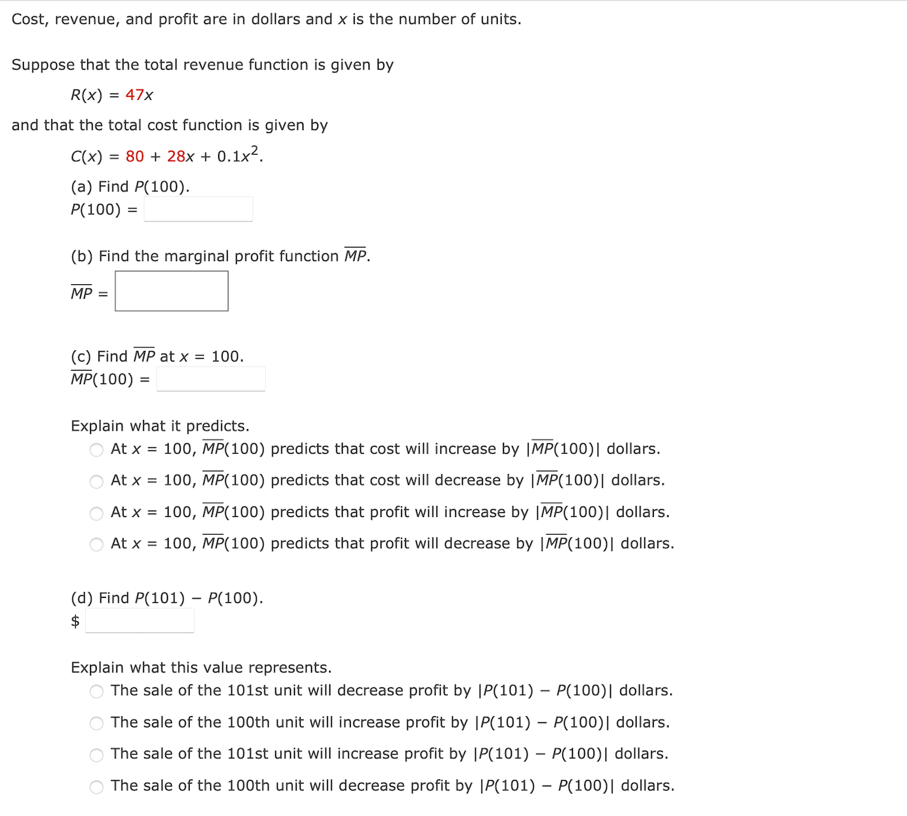 Solved Cost, revenue, and profit are in dollars and x is the | Chegg.com