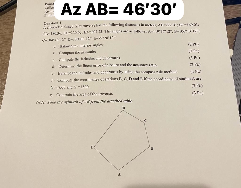 Solved Azimuth AB=46°30' | Chegg.com