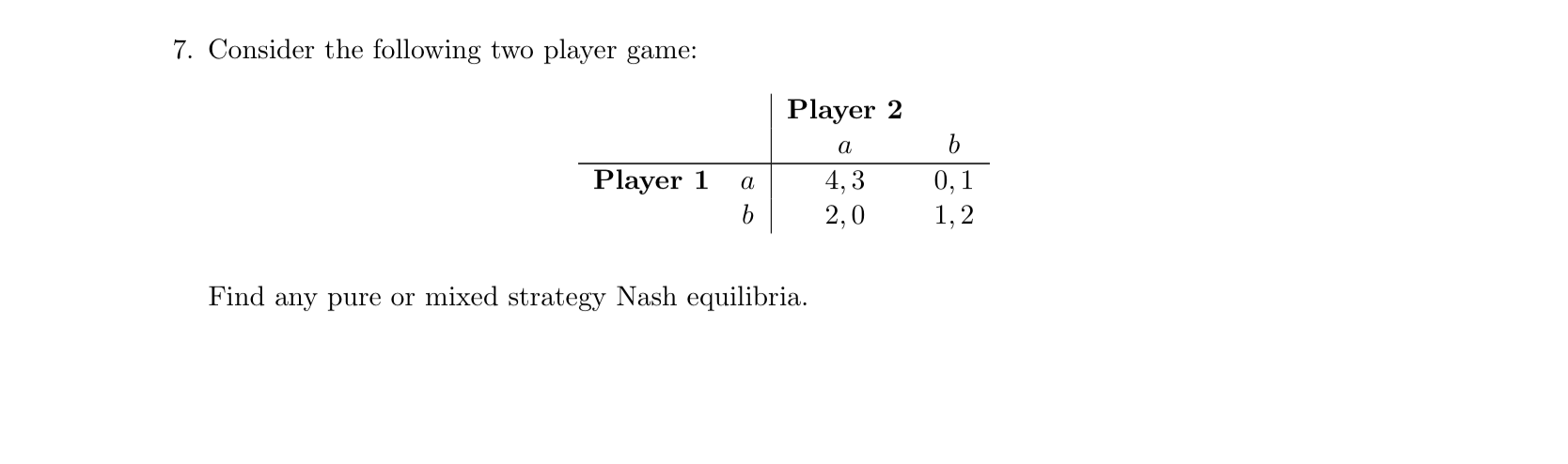 Solved 7. Consider the following two player game: Player 2 a | Chegg.com